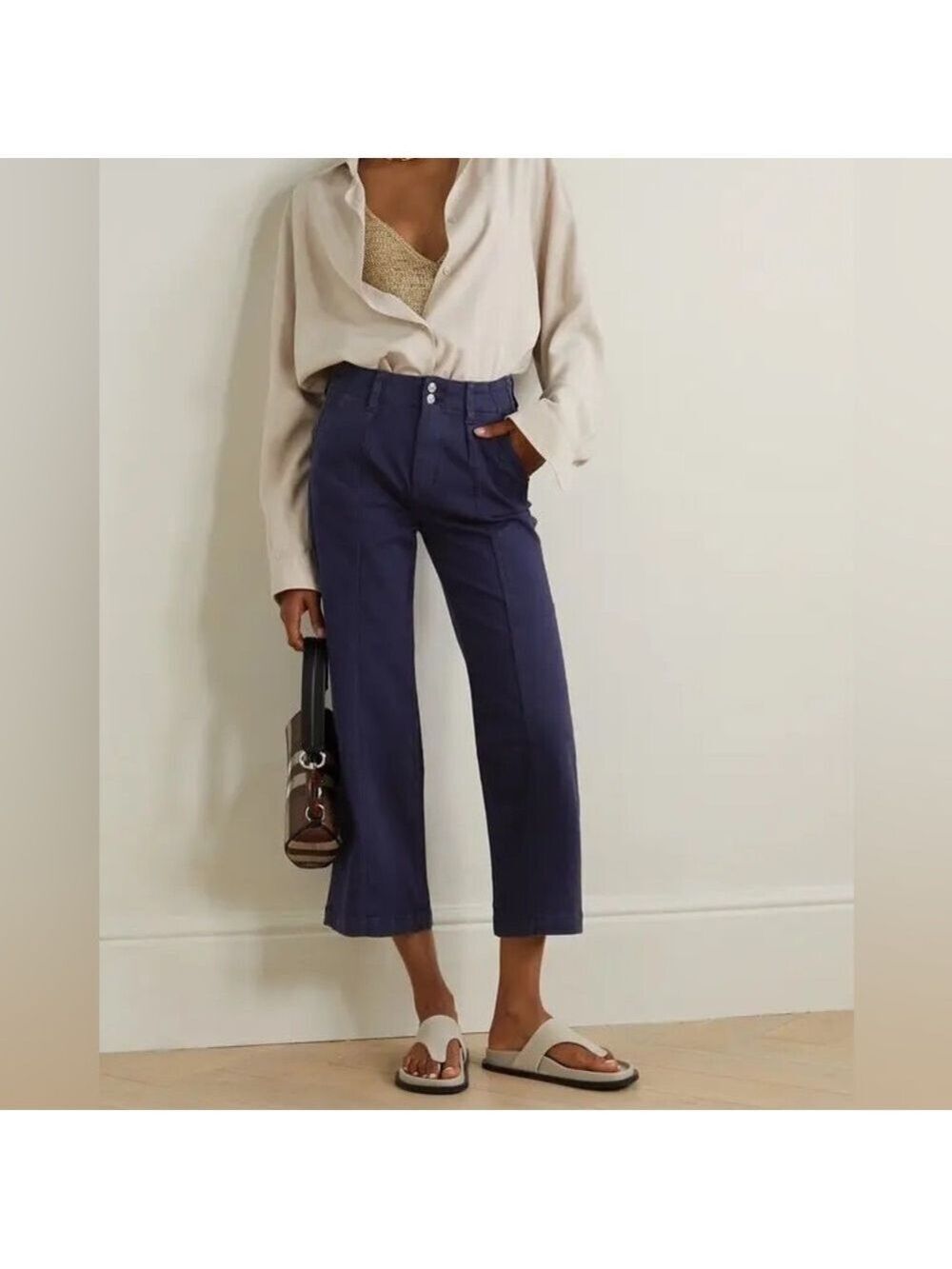 PAIGE Brooklyn high-rise cropped wide-leg pants in vintage cosmic navy. Size 28